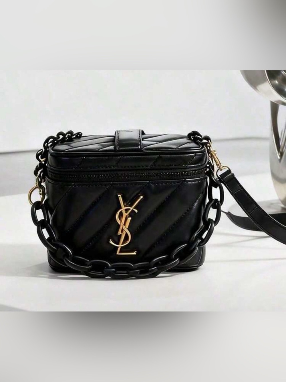 Saint Laurent Black Quilted Makeup Box Bag with Gold YSL